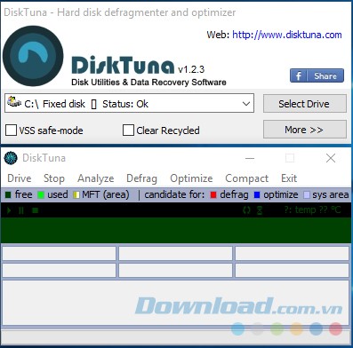 Giao diện chính của phần mềm chống phân mảnh ổ cứng DiskTuna