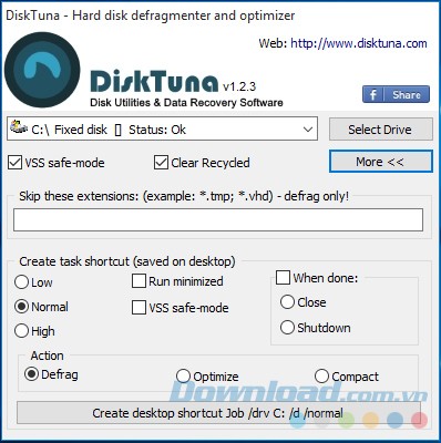 Một số tùy chọn của ứng dụng chống phân mảnh ổ cứng DiskTuna