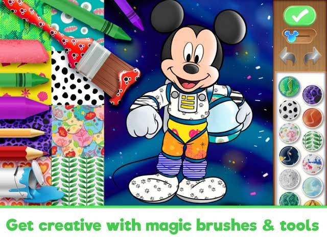 Disney Coloring World cho bạn tự do sáng tạo với cây cọ vẽ và công cụ phép thuật