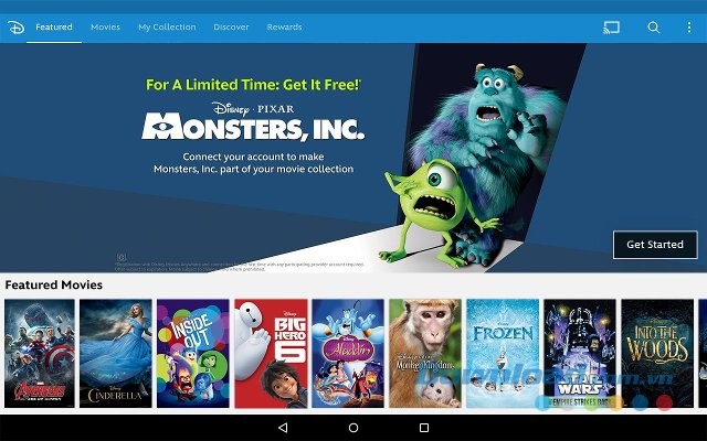 Giao diện chính của Disney Movies Anywhere cho Android