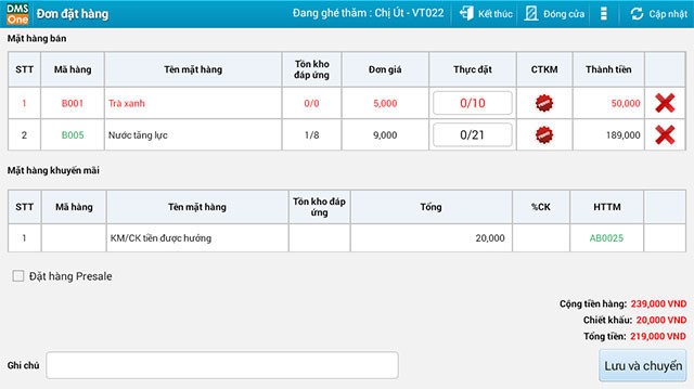 Giao diện Đơn đặt hàng trên DMS One