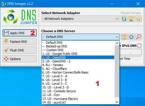 Chọn DNS muốn thay đổi rồi nhấn Apple DNS trong DNS Jumper
