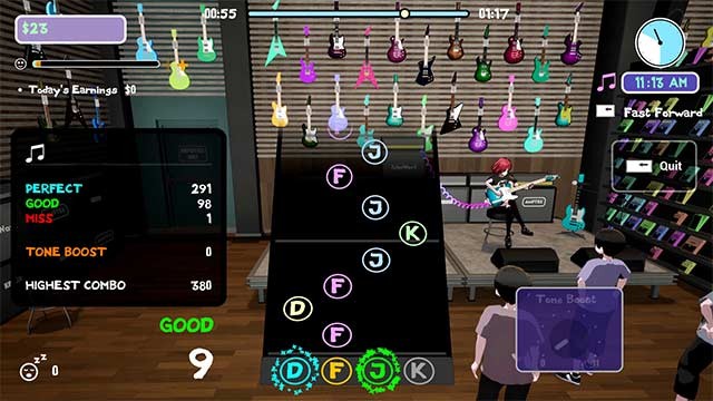 Ban ngày, cùng Gigi làm việc tại cửa hàng đàn guitar