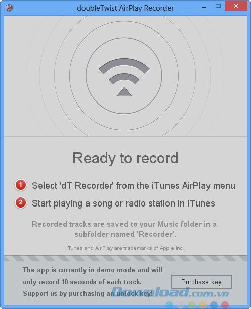 Giao diện phần mềm doubleTwist AirPlay Recorder