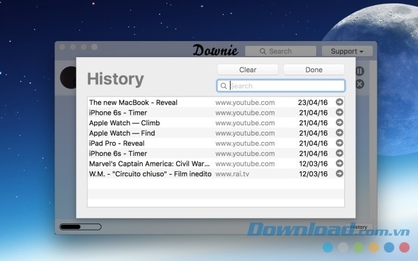 Downie cho Mac lưu lại lịch sử download video
