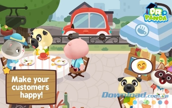 Giao diện trò chơi Dr. Panda Café cho Android tươi sáng, bắt mắt