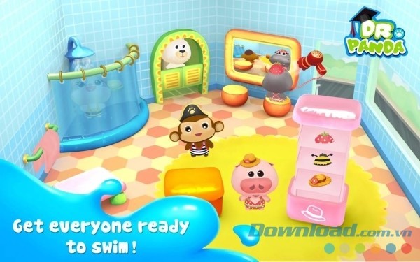 Dr. Panda's Swimming Pool cho Android hướng dẫn các bé chuẩn bị đồ trước khi bơi