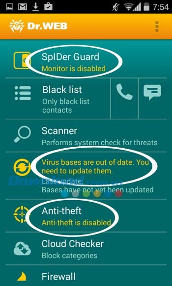 Giao diện ứng dụng Dr.Web Security Space