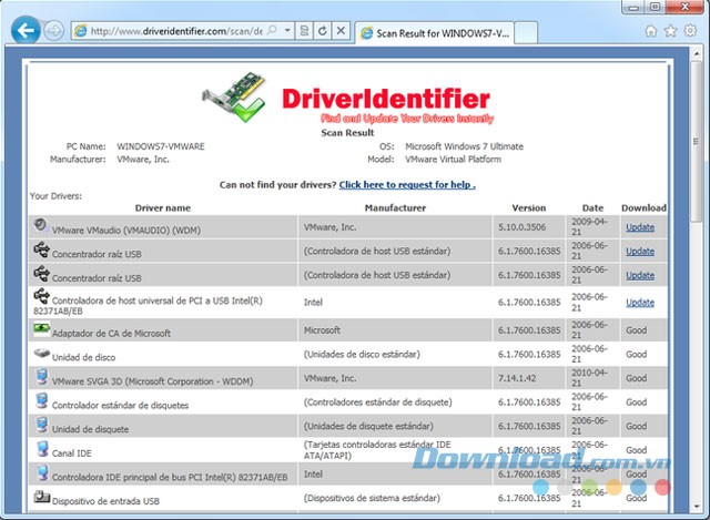 Giao diện phần mềm Driver Identifier
