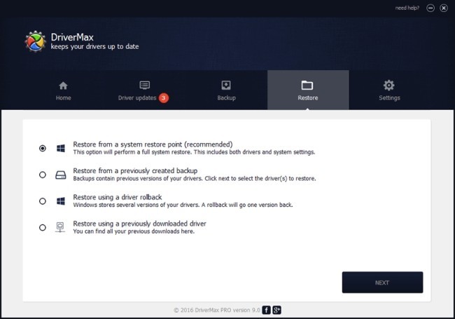 DriverMax khôi phục từ điểm backup trước đó