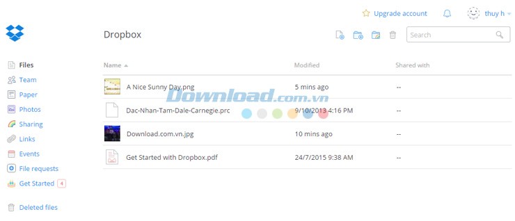 Giao diện chính của Dropbox online