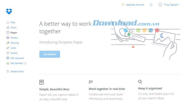 Đăng kí để dùng thử Dropbox Paper