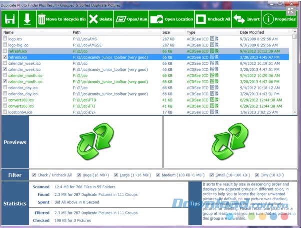 Danh sách kết quả ảnh trùng