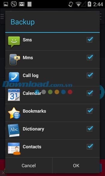 Các tùy chọn nội dung sao lưu trong Easy Backup & Restore