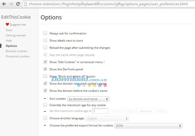 Tùy chọn cài đặt trong EditThisCookie