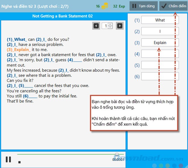 Giao diện nghe và điền từ