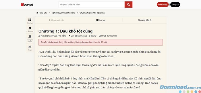 Giao diện đọc truyện trên Enovel