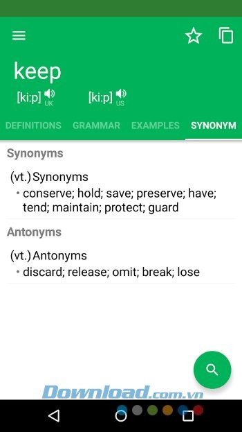 Erudite Dictionary cung cấp từ trái nghĩa và đồng nghĩa