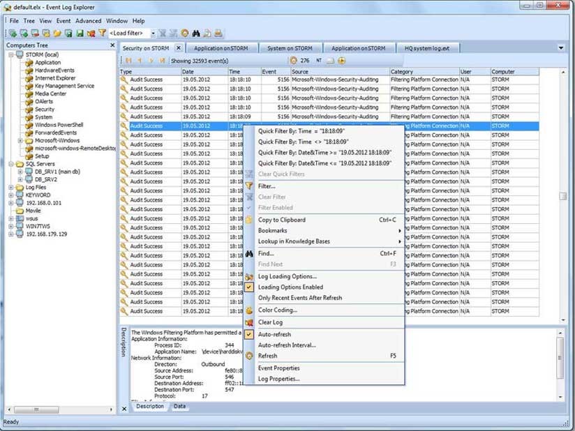 Menu click chuột phải trong Event Log Explorer
