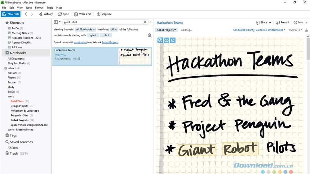Giao diện ứng dụng Evernote cho Windows 10