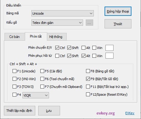 Giao diện chính bộ gõ tiếng Việt EVKey