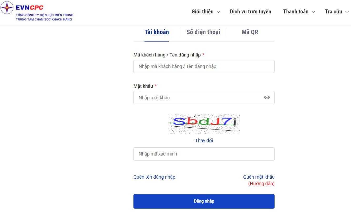 Giao diện đăng nhập tài khoản EVNCPC CSKH
