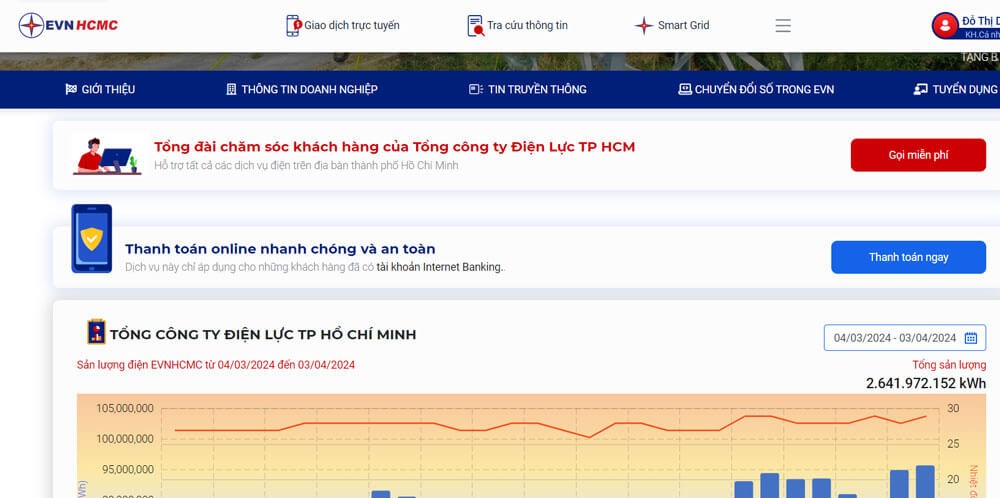 Giao diện chính của trang EVNHCMC CSKH