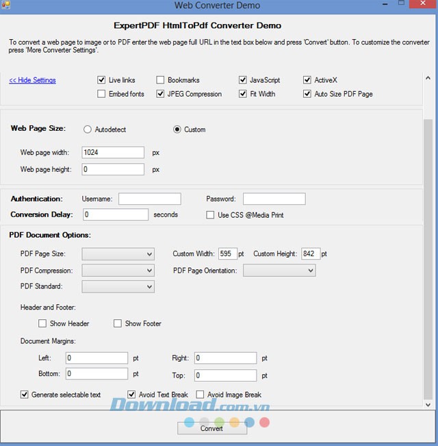 Các lựa chọn cài đặt chuyển đổi file
