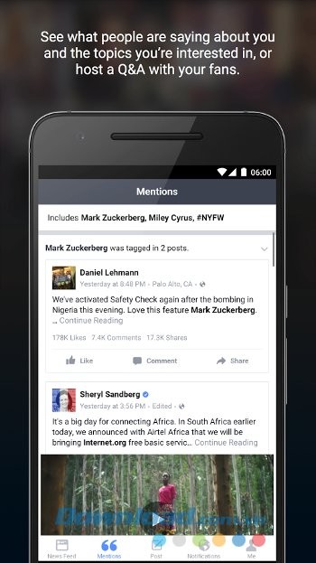 Giao diện bảng tin trên Facebook Mentions