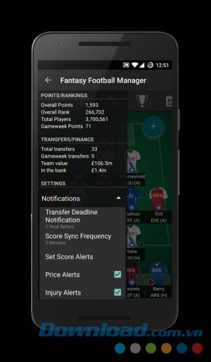 Giao diện bảng xếp hạng đội tuyển trong Fantasy Football Manager cho Android