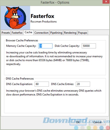 Cài đặt Cache của Fasterfox