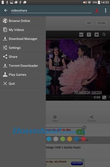 Menu ứng dụng Fastest Video Downloader