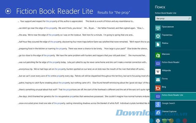 Tính năng tìm kiếm của Fiction Book Reader Lite