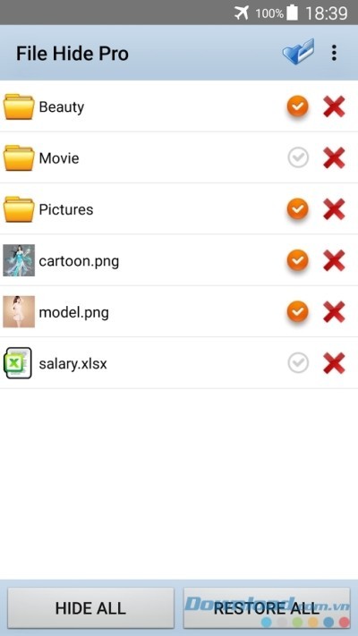 Lựa chọn ẩn hoặc bỏ ẩn các file và thư mục trên File Hide Pro cho Android