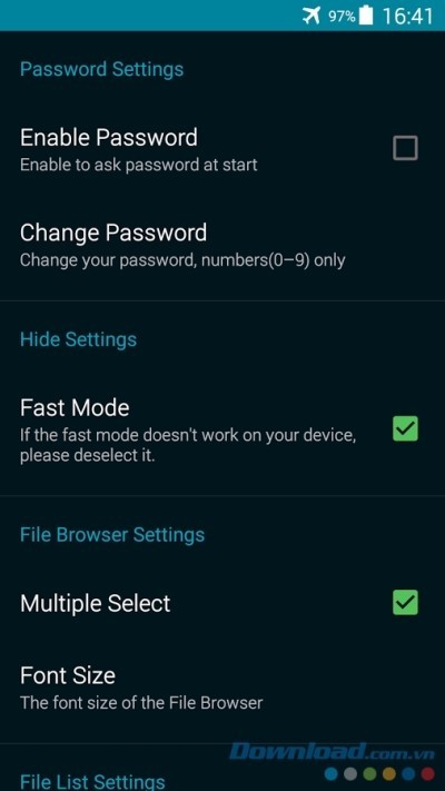 Các thiết lập chính trong ứng dụng ẩn dữ liệu File Hide Pro cho Android