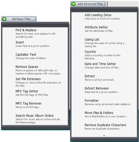 Một số tùy chọn lọc của File Renamer Turbo