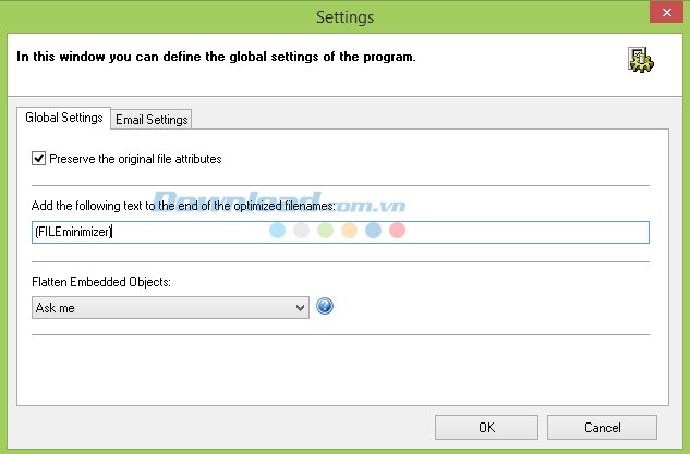 Các tùy chọn cài đặt của Fileminimizer Office