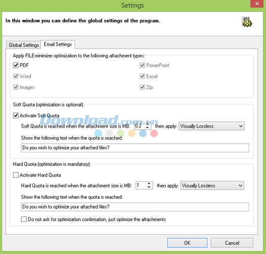 Các cài đặt của FILEminimizer PDF