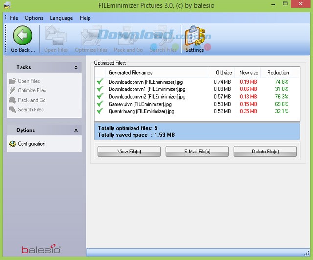 Giao diện của FILEminimizer Pictures khi nén xong ảnh