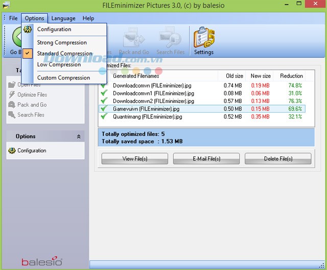 Các tùy chọn nén ảnh của FILEminimizer Pictures