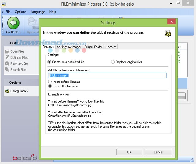 Các cài đặt của FILEminimizer Pictures