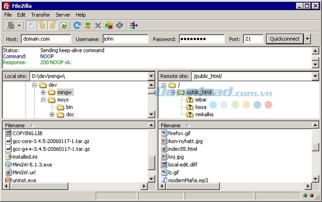 Giao diện upload file trên FileZilla