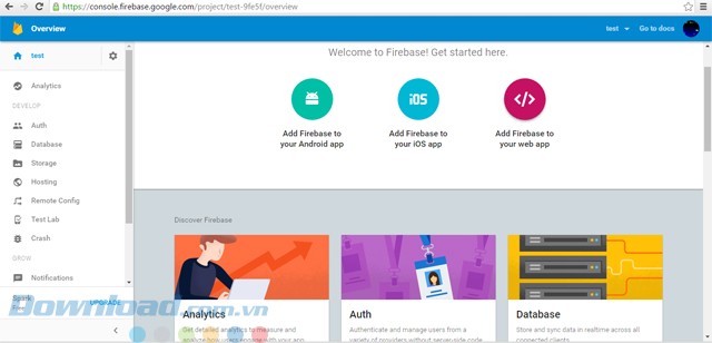 Giao diện chính của Firebase