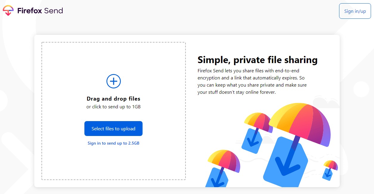 Giao diện upload file đơn giản của Firefox Send