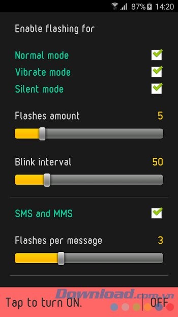 Flash On Call với giao diện điều chỉnh chế độ cuộc gọi