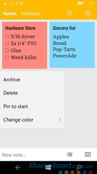 Các lựa chọn thao tác với ghi chú