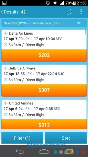 Lọc danh sách chuyến bay theo giá tiền hoặc thời gian di chuyển