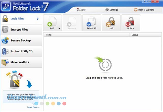 Giao diện chính của phần mềm Folder Lock Lite