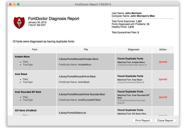 FontDoctor lập báo cáo dữ liệu