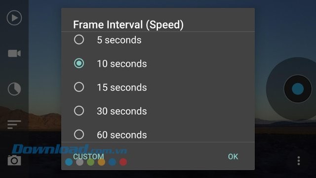 Các tùy chọn tốc độ của Framelapse